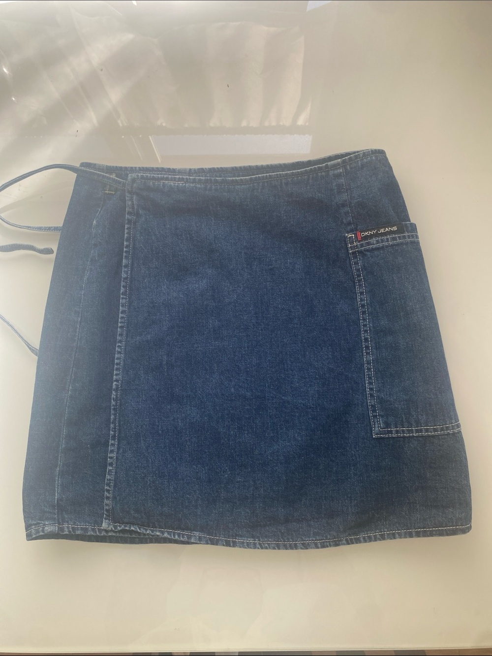 Vintage DKNY Denim wrap mini Skirt  with large side pocket- Dark Blue- medium -